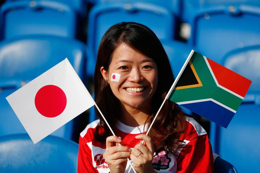 Una tifosa del Giappone prima della partita con il Sudafrica. Getty Images